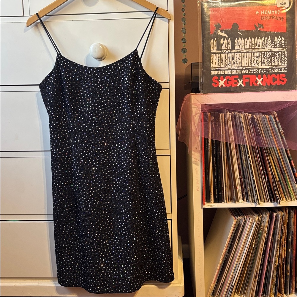 Vintage 90’s Mini Slip Dress Glitter Sparkle Black Party Cocktail Sexy Short LBD